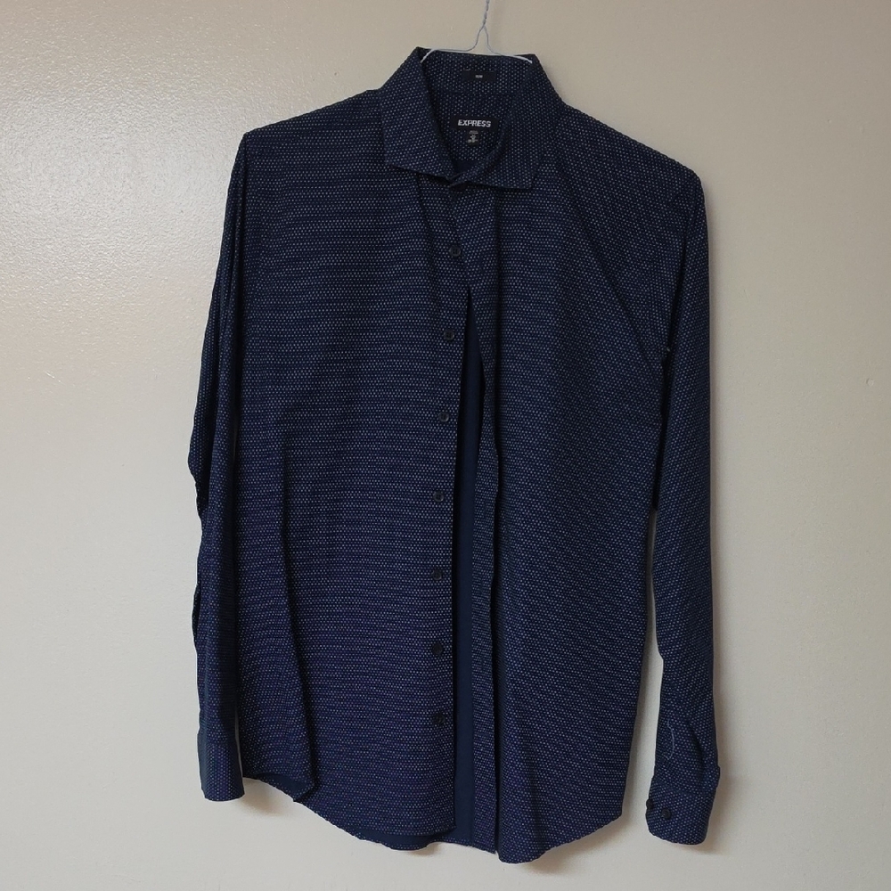 Express Men’s Navy Micro-Pattern Long Sleeve Button-Up Shirt
